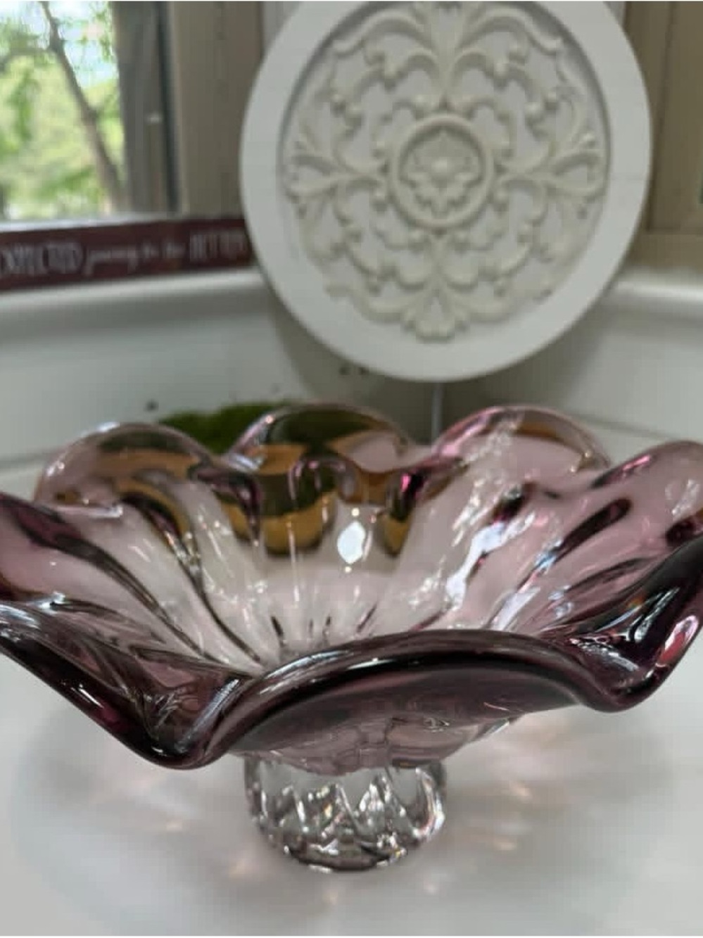 Pink And Purple Art Glass Pedestal Bowl. EUC